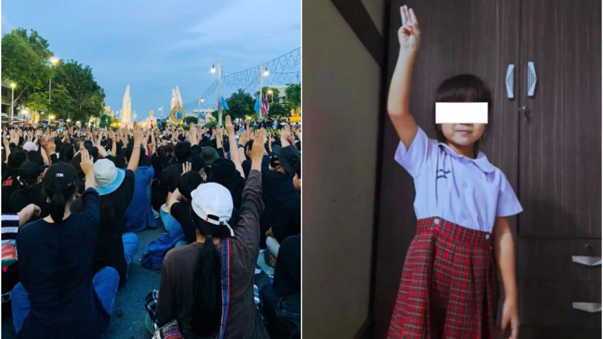 泰國近期示威活動越演越烈，電影《飢餓遊戲》中反抗獨裁威權的「三指禮」也成為抗議民眾反政府訴求的標誌。（圖片來源：推特）