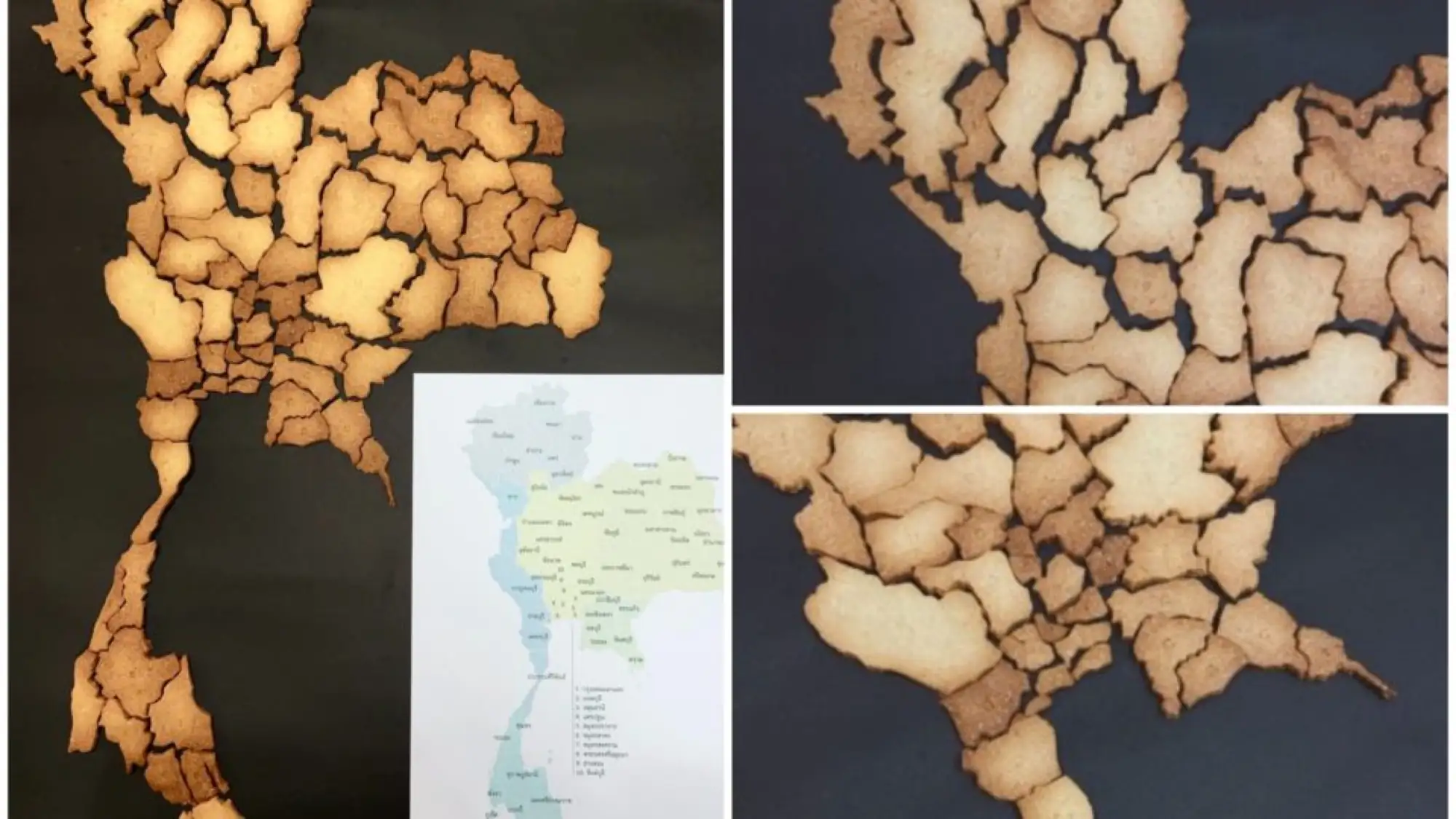 一位日本網友花7小時烤了77塊餅乾拼出一張泰國地圖，每塊餅乾都精準地呈現出該省份的形狀。（來源：推特）