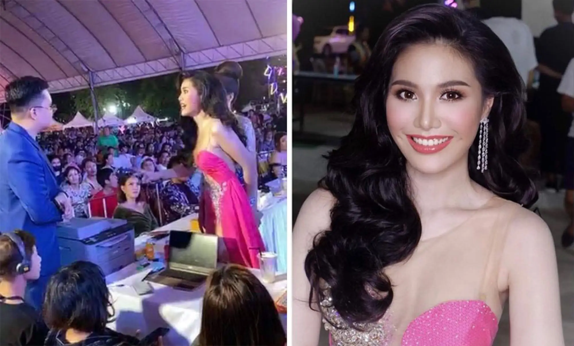 一名參賽者Ornapan Na Chiang Mai在2020宋卡小姐選美比賽現場衝向舞臺大聲指控比賽不公，質疑比賽有黑箱作業、冠軍內定之嫌疑，要求評審給個交代。（來源：翻攝自臉書）