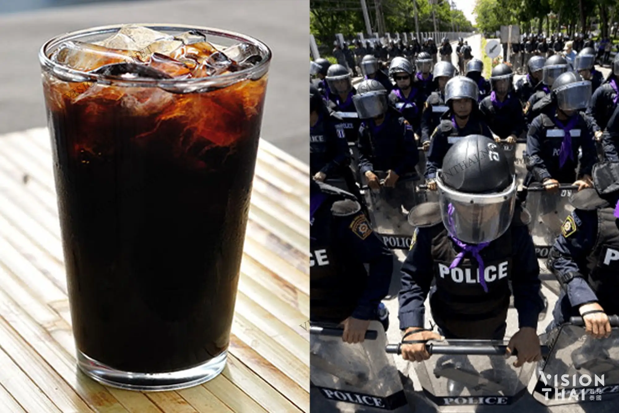 泰國示威者幽默自創暗號：冰咖啡/鎮暴警察（製圖：VISION THAI）