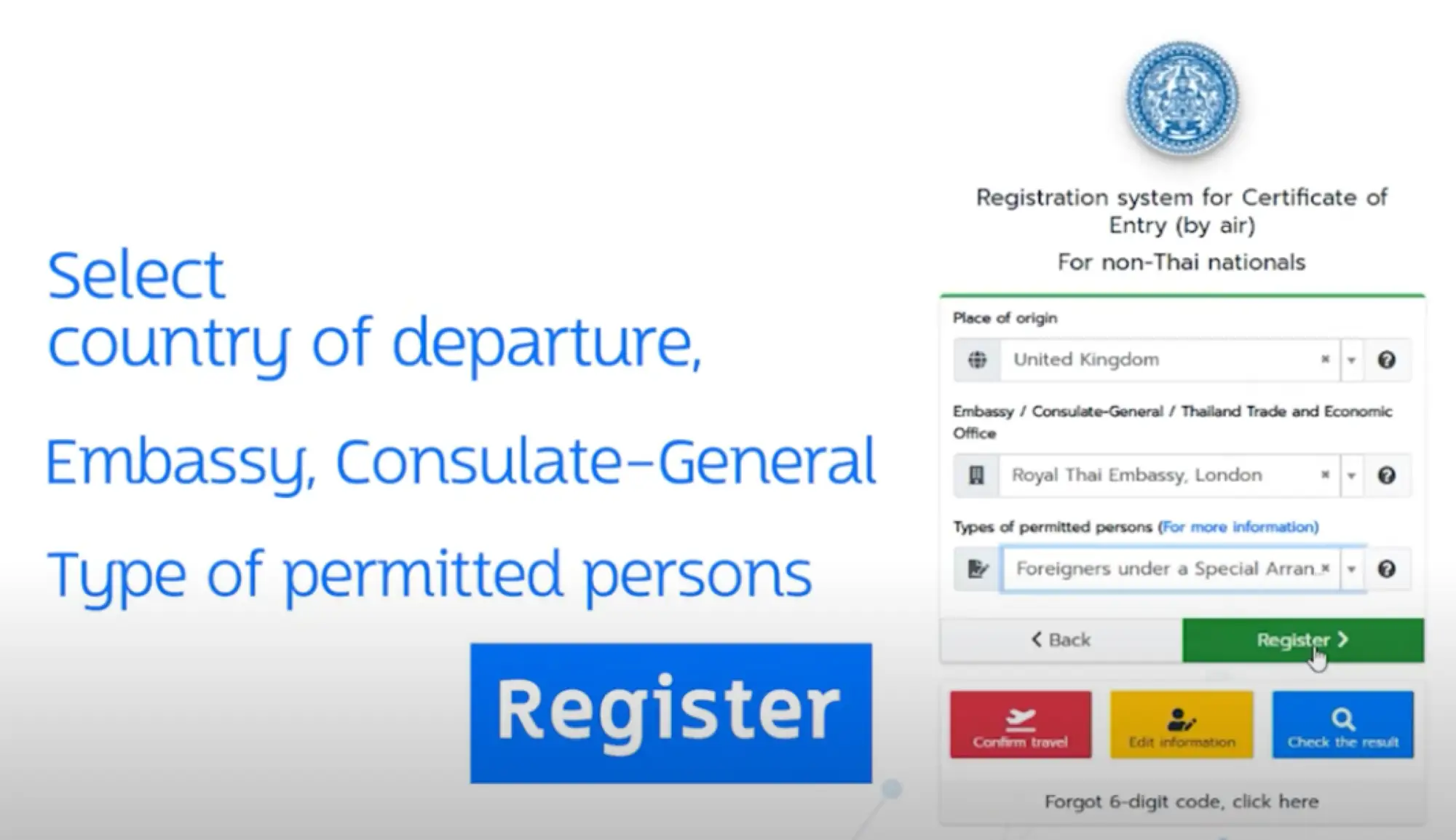 泰国入境许可证：申请步骤，选择出發地、办事处及身分种类（图片来源：撷取自Thai Consular Online官方影片）