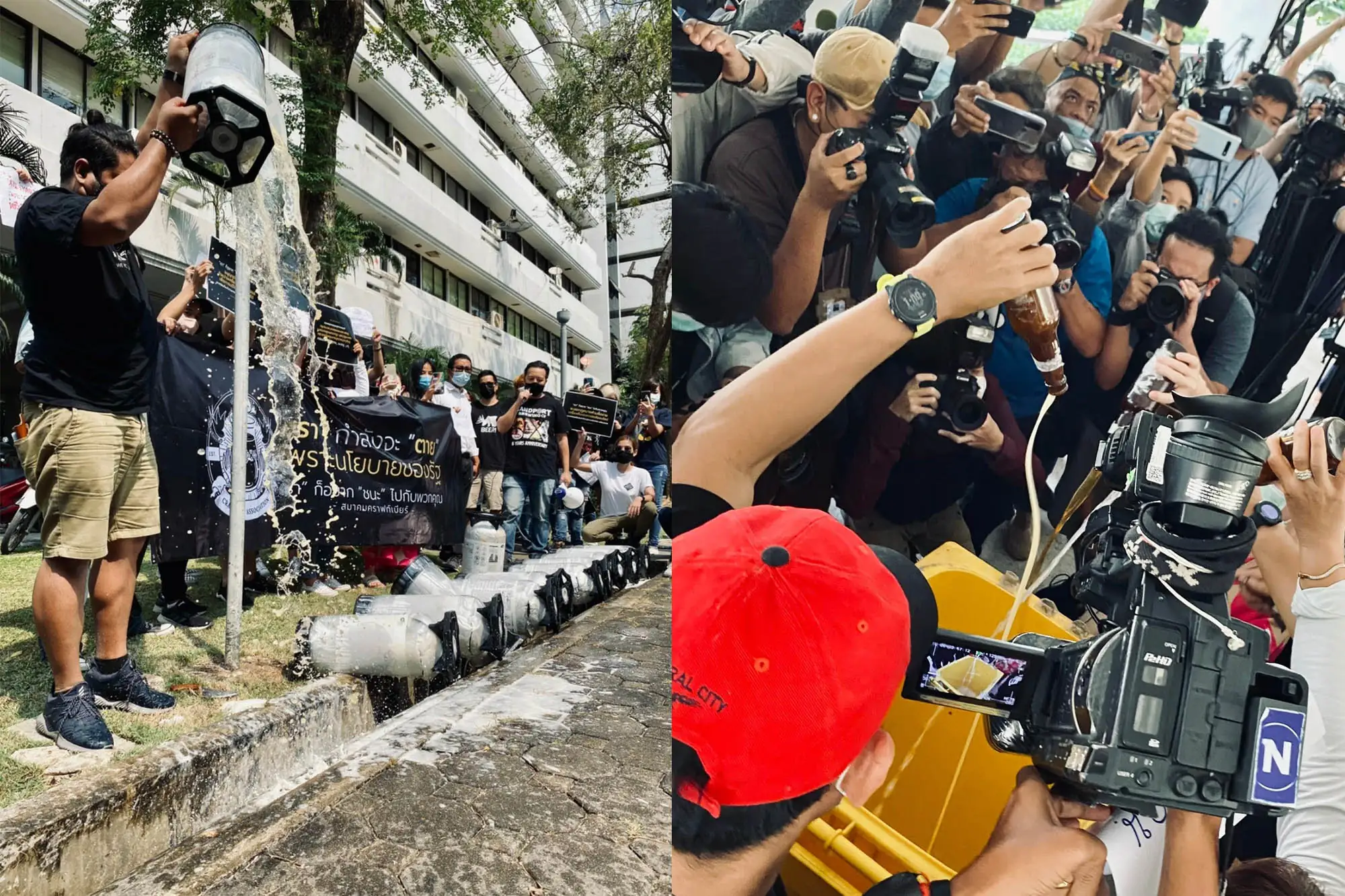 泰國「精釀啤酒協會」1日帶上酒桶上街抗議「正義倒灌」，在衛生部外狂倒已過期變質的精釀啤酒，表達疫情損失慘重（圖片來源：Prachachon Beer官方粉專）