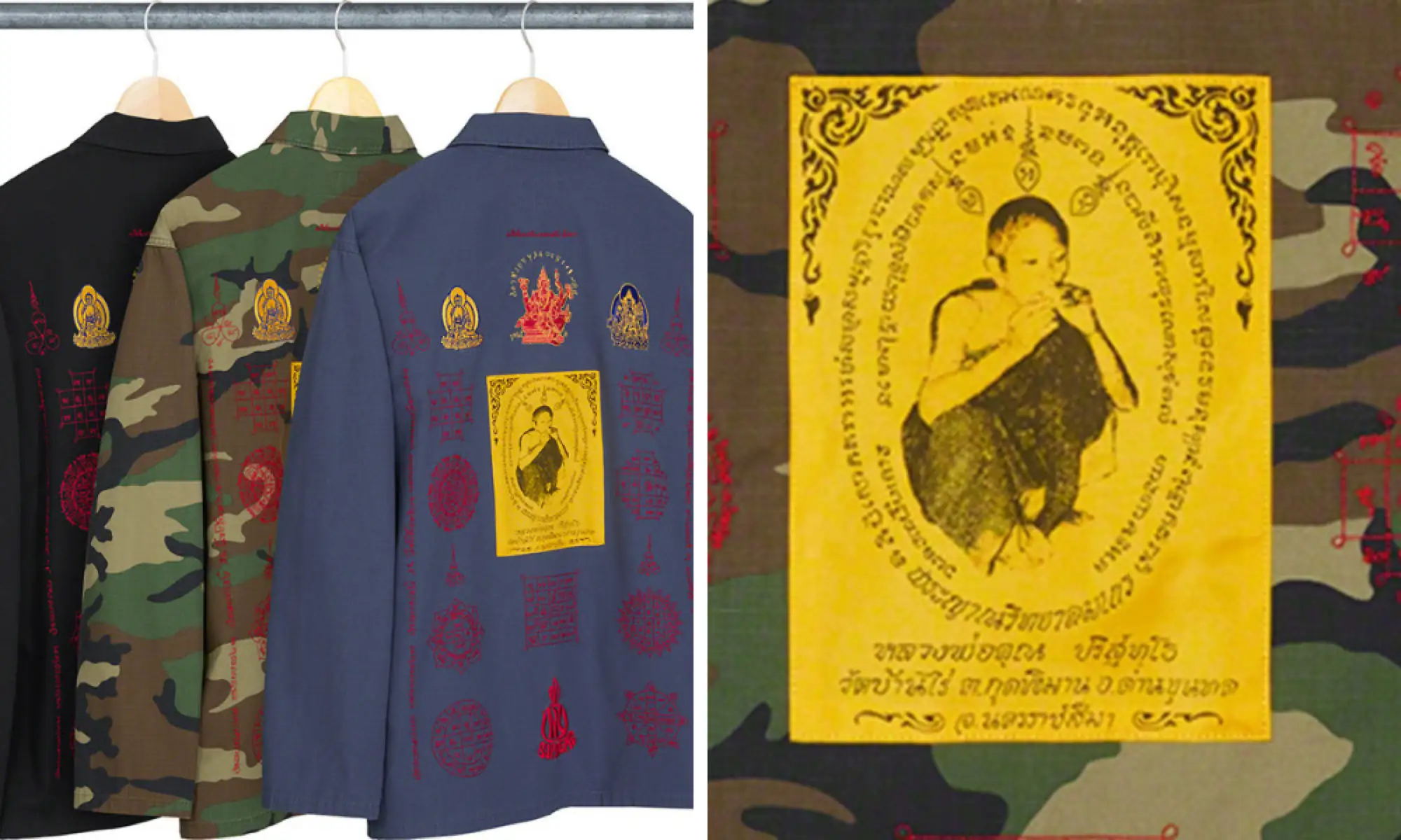 美國知名潮牌《Supreme》近日推出2021春／夏時裝，其中一款夾克背面卻印上泰國知名和尚蹲地抽菸的照片，遭泰國佛教官方機構「泰國佛教府」（The National Office of Buddhism）指控未經授權挪用。（圖片來源：Supreme官網）