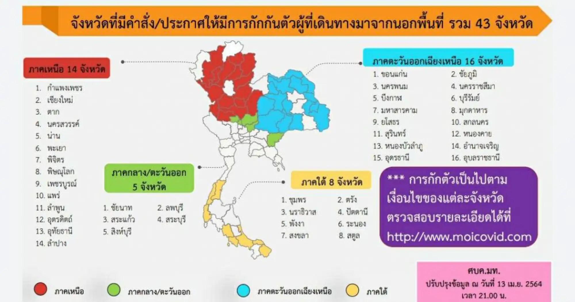 43府公布入府隔離管制（圖片來源：泰國疫情中心，內政部）