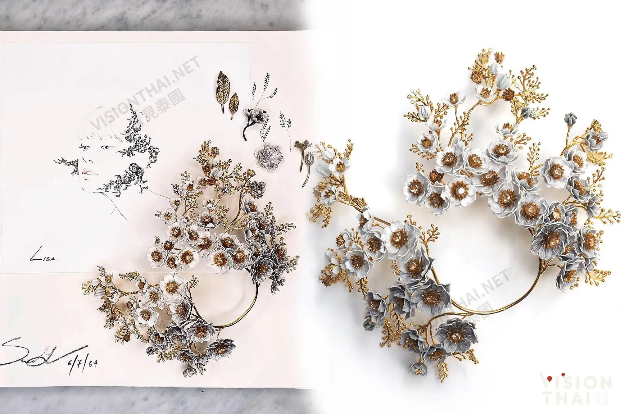 由高级珠宝设计师Sarran Youkongdee操刀设计了Lisa配戴的金色茉莉花耳饰（图片整理自：SARRAN）