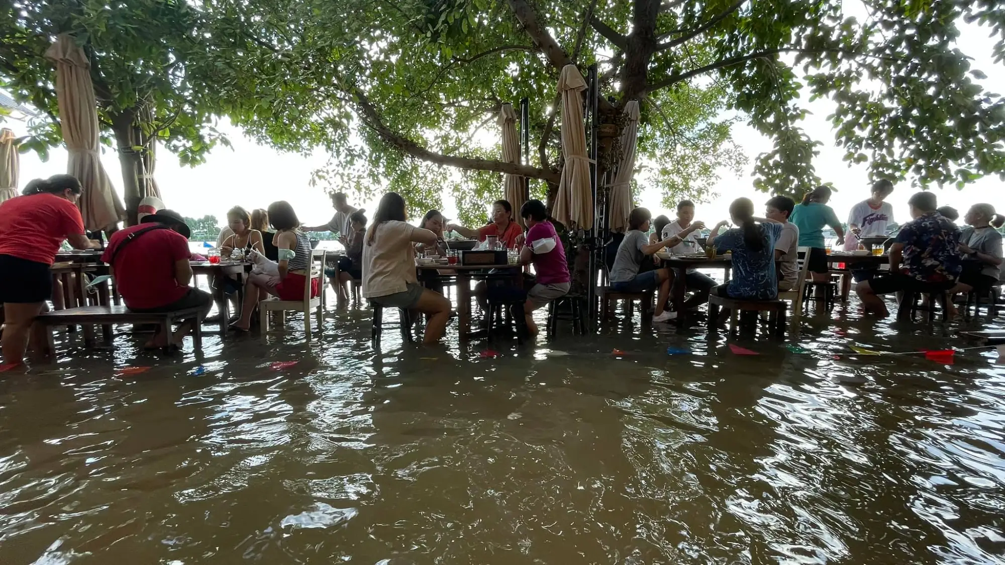 泰國洪水淹餐廳 烤肉兼“戲水”意外成商機（圖片來源：Chaopraya Antiquecafe官方臉書）