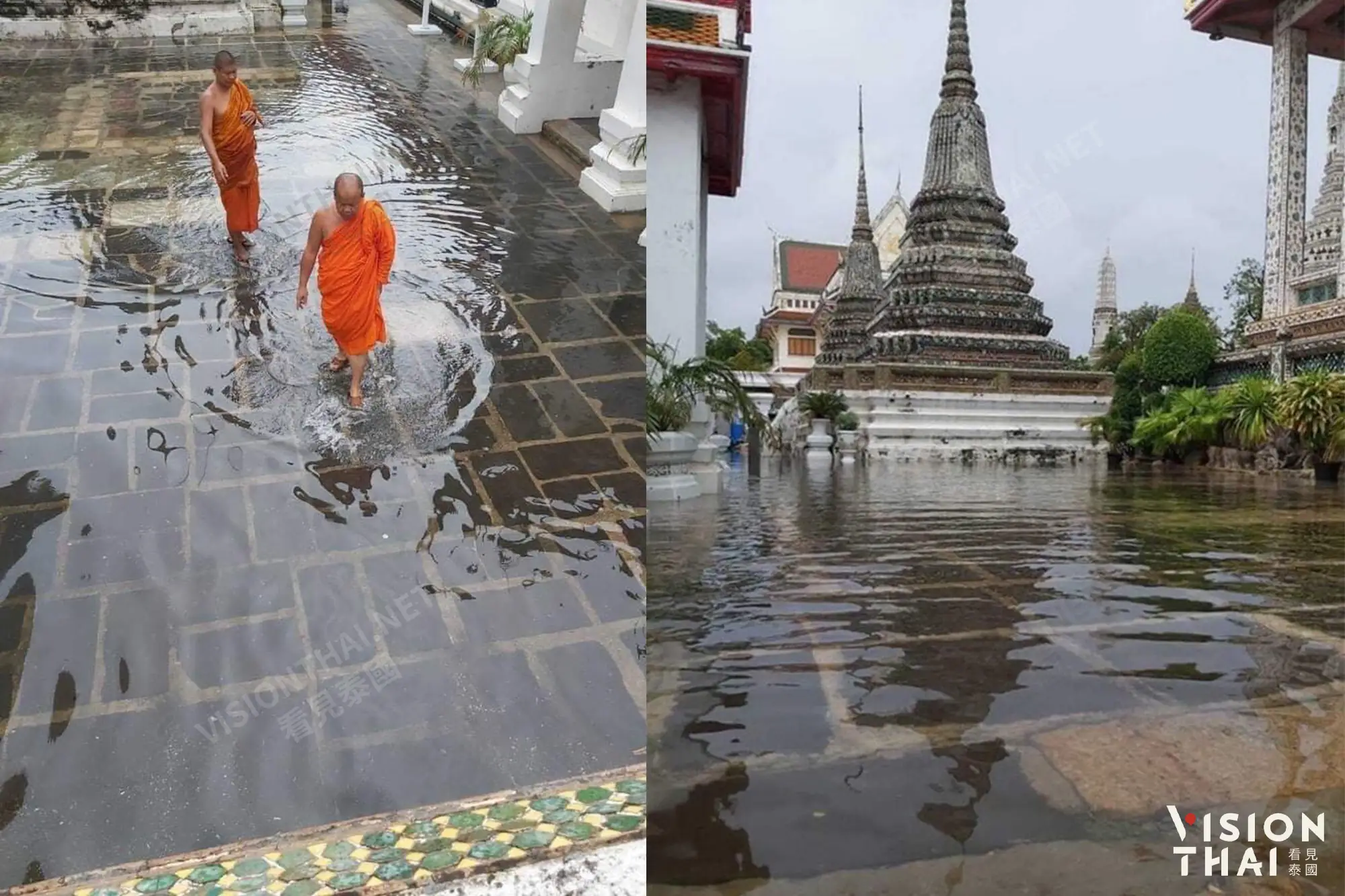 曼谷淹水災情慘 黎明寺也泡水中（圖片來源：Khaosod）