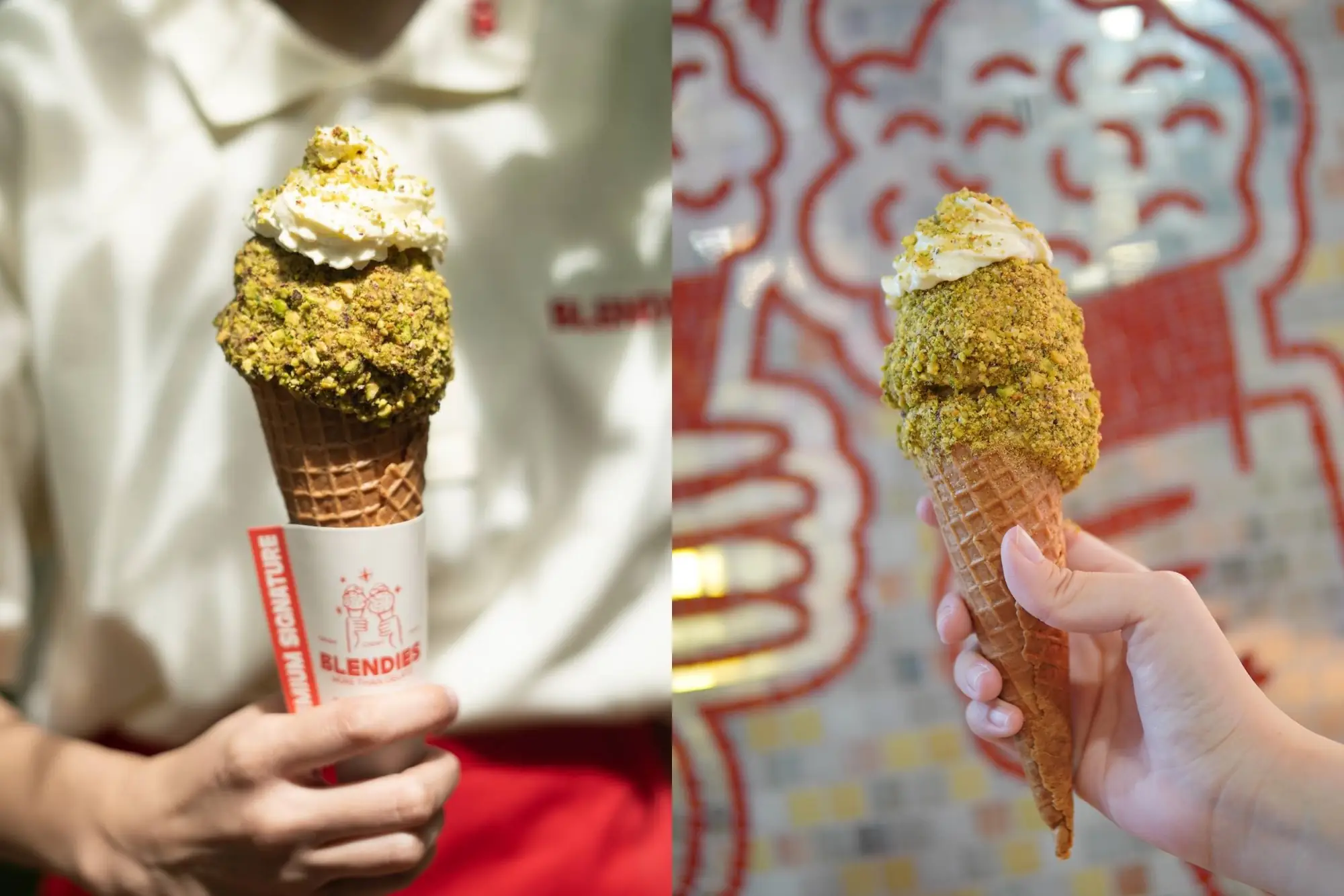 泰國熱門冰淇淋店Blendies Thailand，主打冰淇淋外包裹著開心果顆粒。（來源：店家社群）