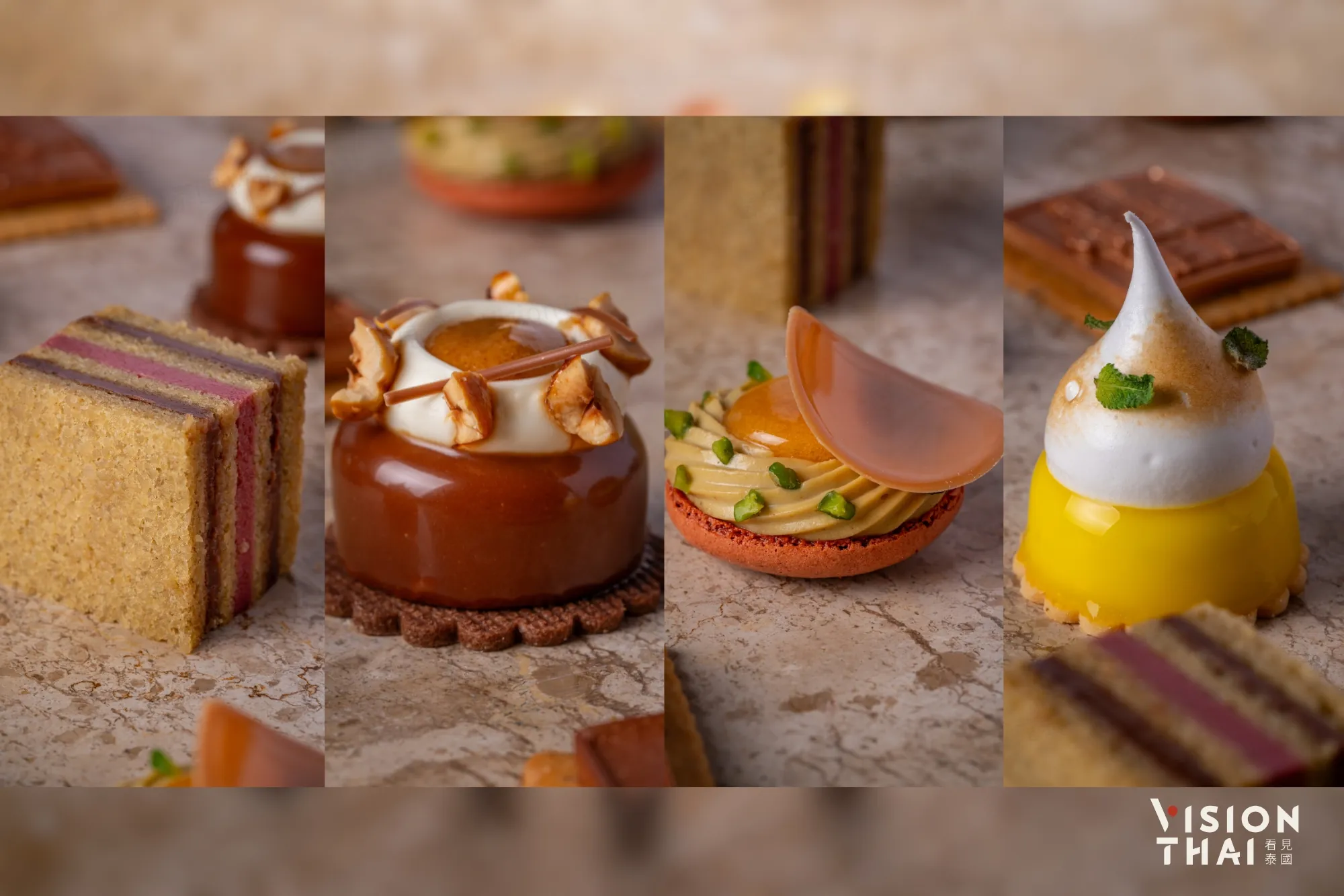 由左至右為榛果牛奶巧克力蛋糕、開心果蛋糕配櫻桃果醬、杏桃開心果馬卡龍、檸檬薄荷派(來源:官方)