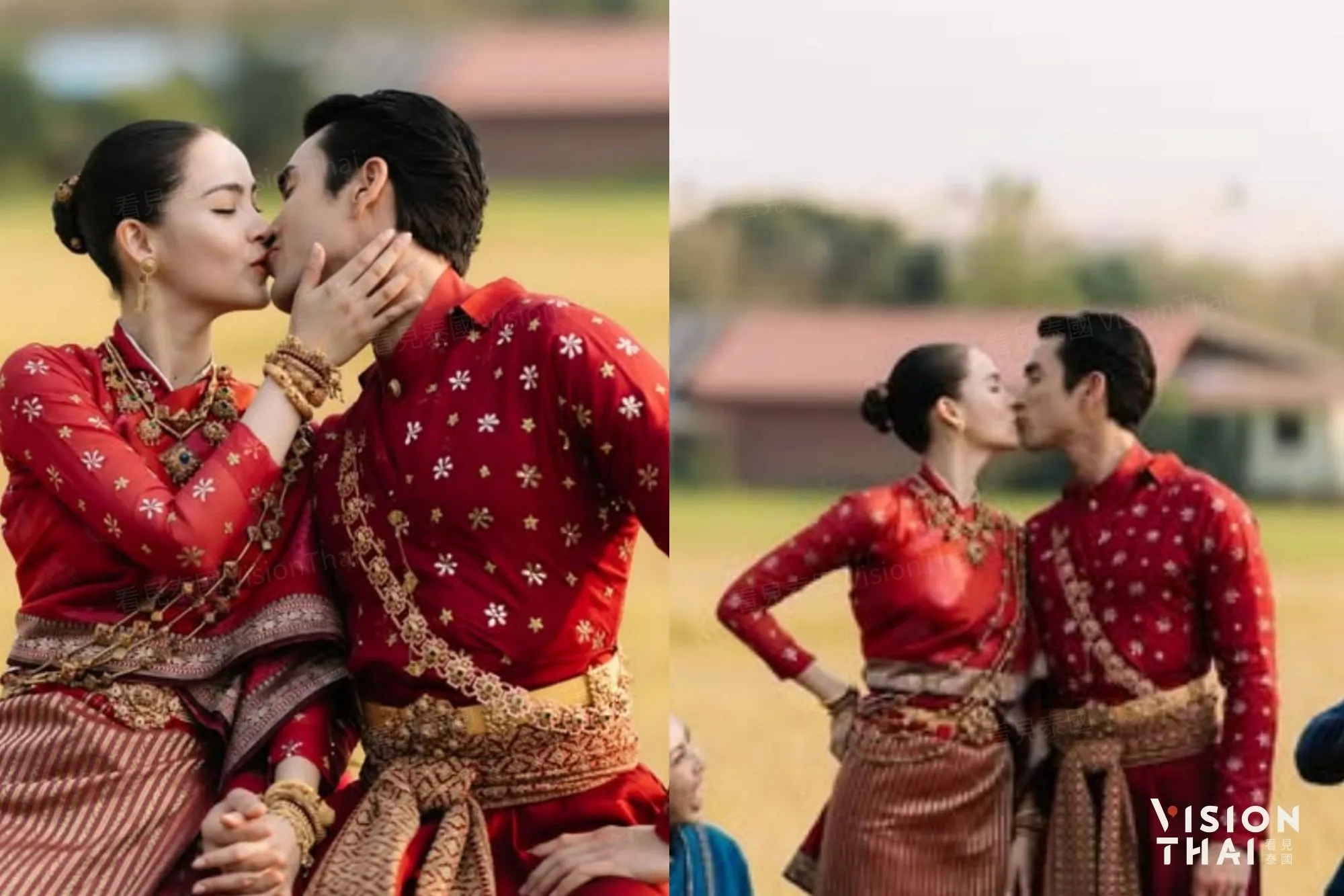 不是劇照！Yaya與Nadech兩人在金色稻田與澄淨天空下深情親吻（來源：官方社群）