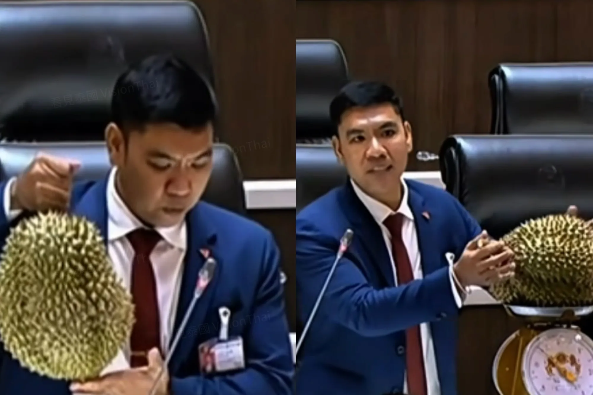 人民党议员皮提科恩·班纳帕萨(Pitikorn Bannaphesaj)国会秤重示威(来源:网络合图)