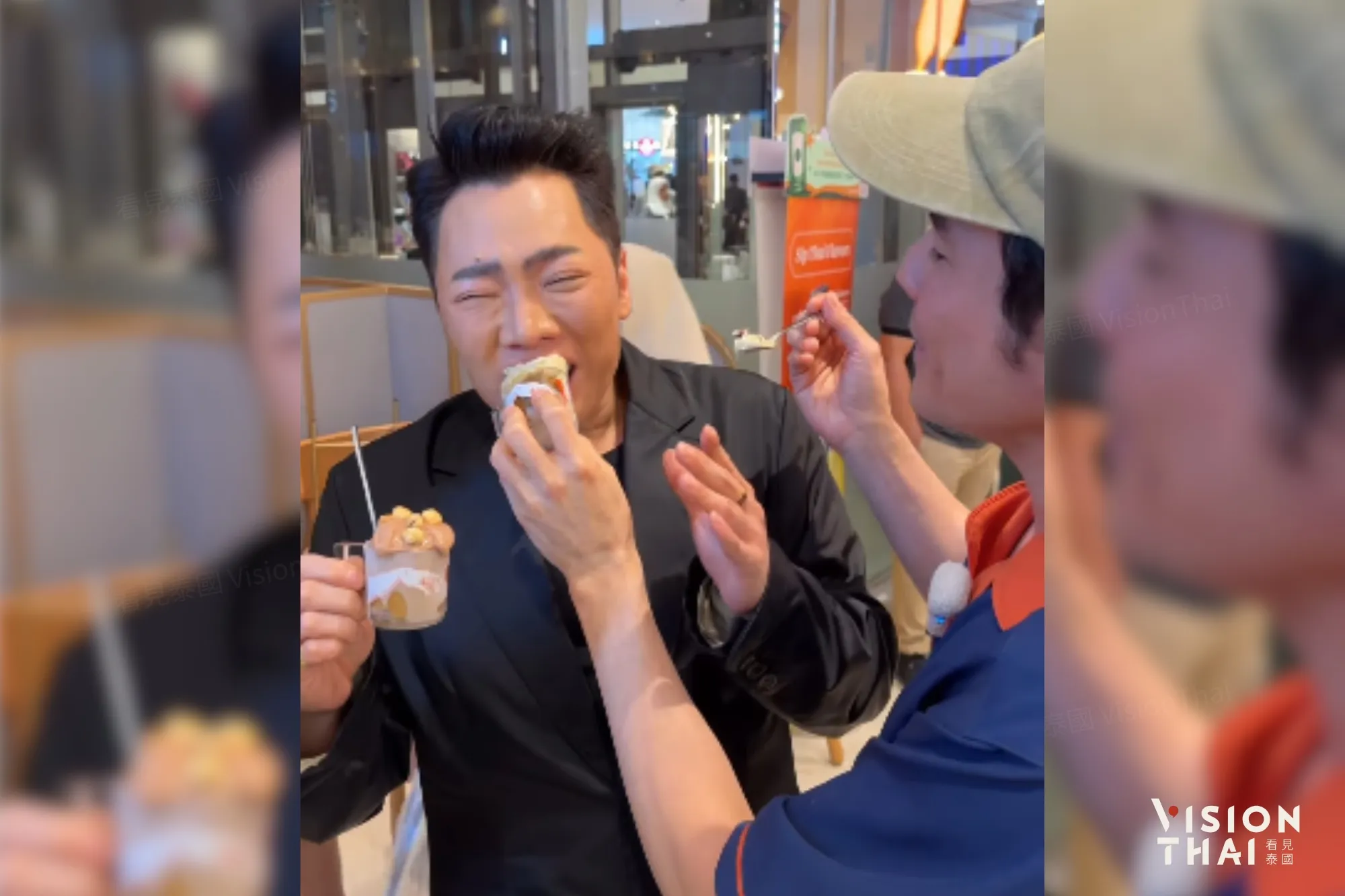 克里特·斯里普姆塞(Krit Sripoomseth)把自己已经吃过的冰淇淋喂给主持人莫丹(Moddam)（来源：Moddam社群）